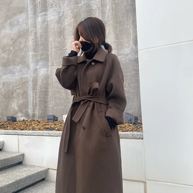 

Ladies' Korean Casual Solid Color Pure Wool Coat Loose Waistband Jacket with Lapel Pocket Long Cardigan