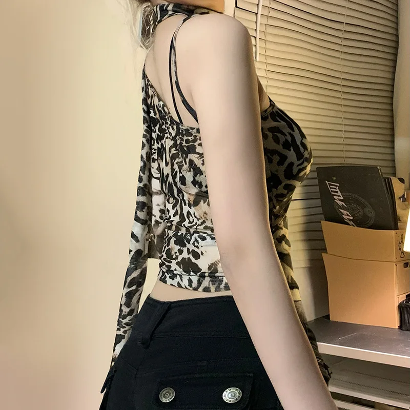 Street Style Light Weight Leopard Print Mesh Short Top Single Shoulder European And American Crossbody Sexy Seethrough Niche T-s
