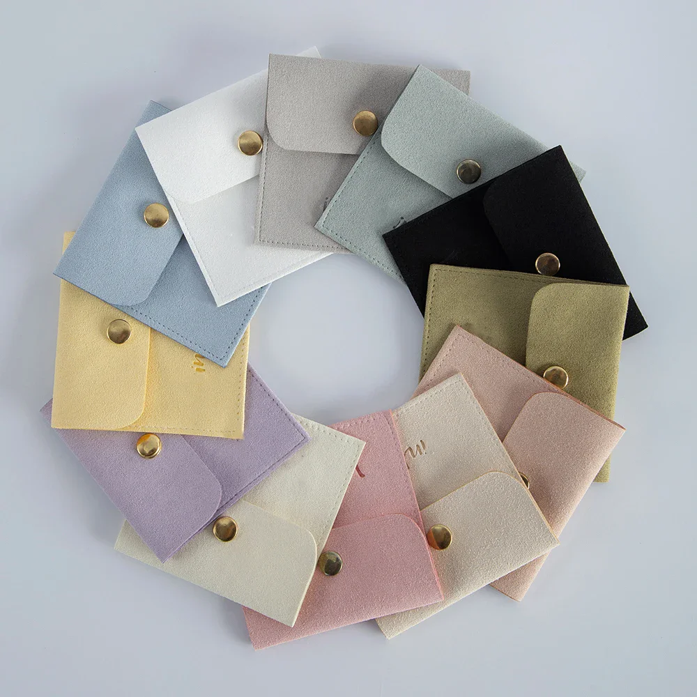 Customized logo Beige Ivory Suede Envelope Flap Bags Mini Microfiber Fabric jewelery Dice Dust Packaging Snap Button Gift Bag