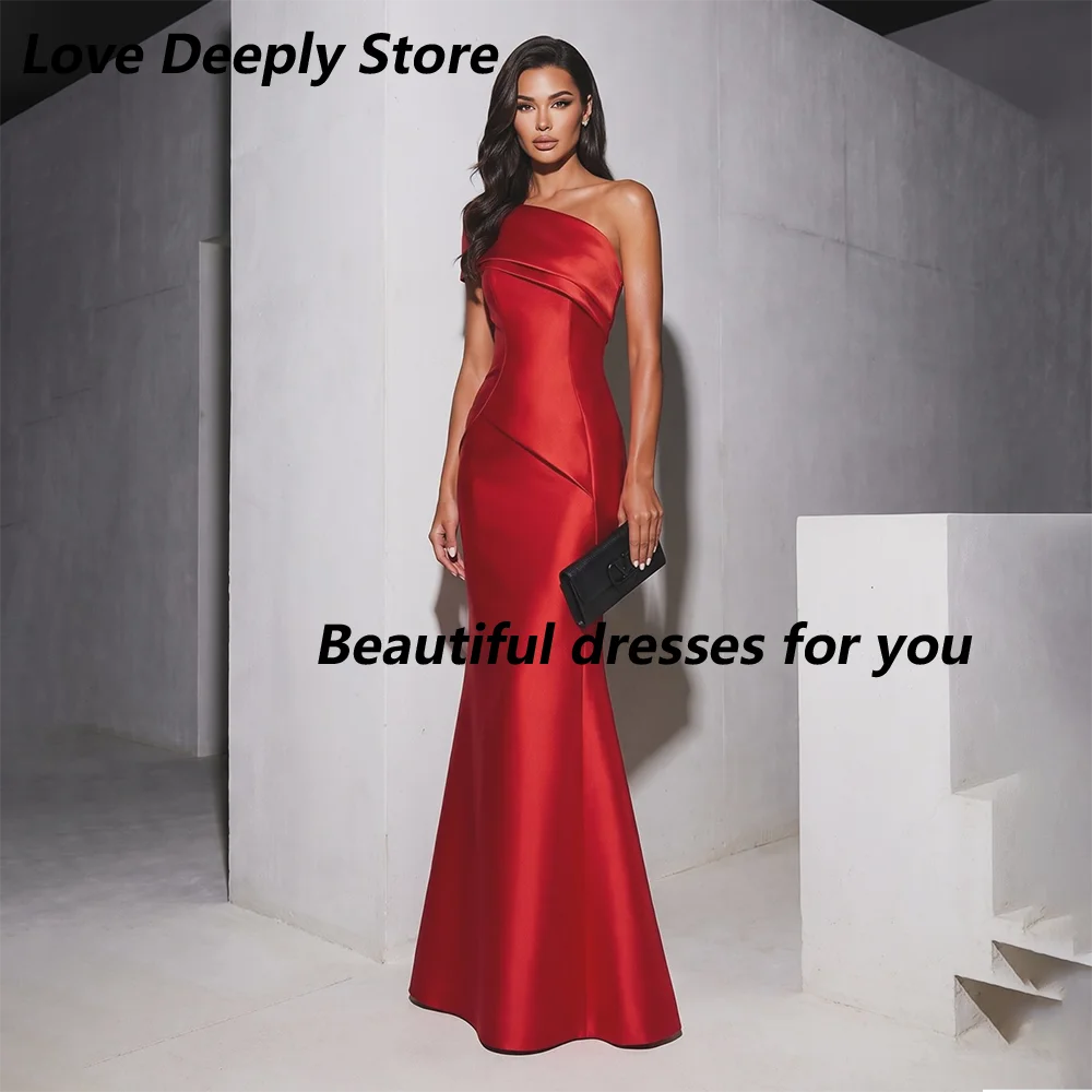 Red Evening Dress Customized One Shoulder Pleat Satin Mermaid Prom Gown Floor Length Party Dresses Wedding Guest Dress