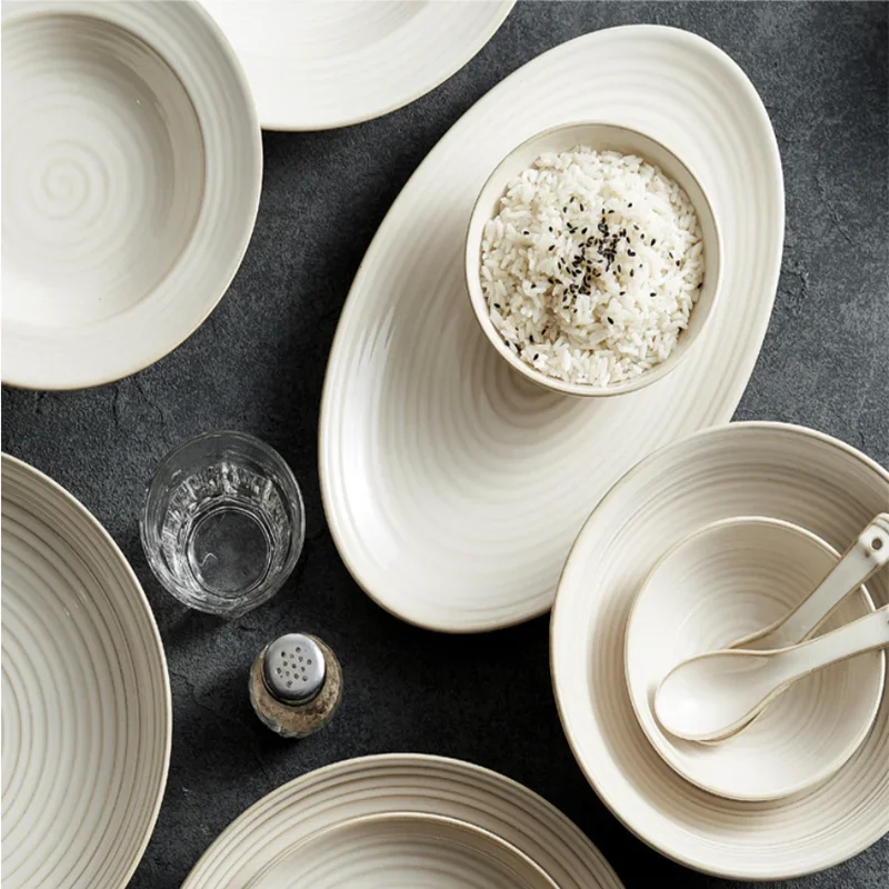 【Premium】Threaded Ceramic Bowls, Salad Bowls, Soup Bowls, Dessert Plates, Dining Plates, Soup Plates, Tableware，Kitchen Utensils