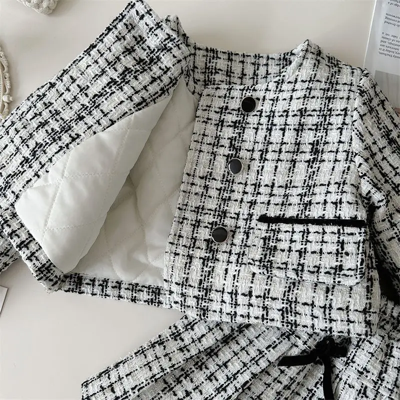 Children\'s Clothing Sets Plaid Coat + Pleated Skirt 2pcs Sets Autumn and Winter Sets Baby Girl Clothes Outfit Set