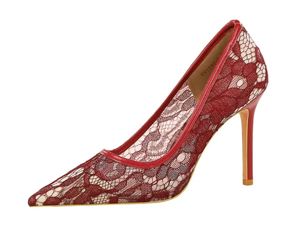 

NASBAVI Sexy Lace High Heels Net Gauze Thin Heel Pointed Toe Slimming Nightclub Style Low Heel Single Shoes 41 42 43