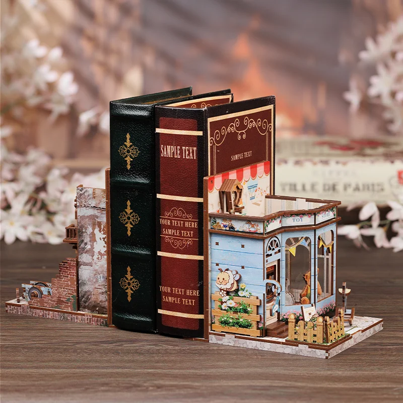 CUTEBEE Wooden Bookends DIY Dollhouse Wooden Bookshelf Insert Book Nook Decoration 3D Puzzle for Craft Gift  Love and Peace