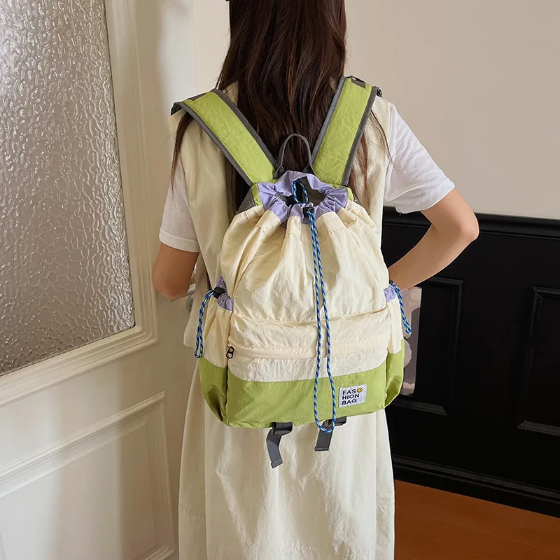 Lightweight Drawstring Women Backpack,Casual Patchwork Daypack Suitable for Daily Commute,Short Distance Travel, Outdoor Walking