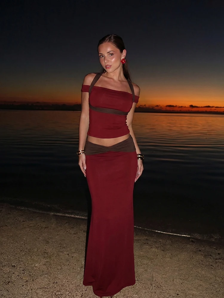 

Комплект из 2 предметов Nibber Party: женский сексуальный трендовый укороченный топ с вырезом-лодочкой и открытой спиной + юбка с драпировкой, шикарный костюм в стиле колор-блок для отпуска