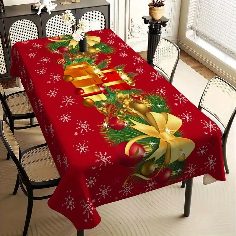 Christmas Bow Pine Needle Snowflake Tablecloth for Table Decor Reusable Winter Kitchen Dining Tablecloth Christmas Decorations