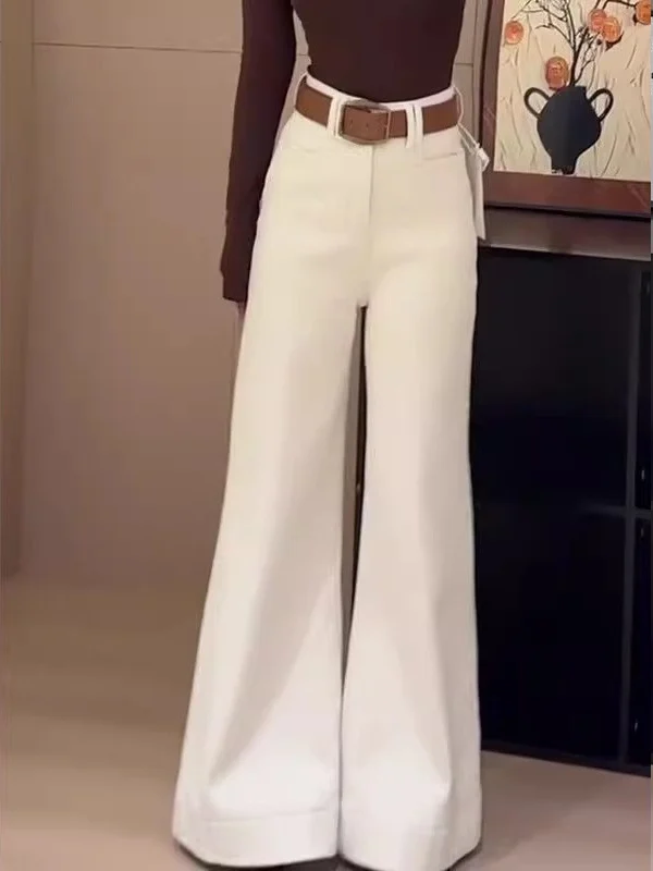 High Waist Wide Leg Casual Bell Bot Pants Women's White Jeans Loose Drapey Comfortable Spring Autumn Season Denim Trousers