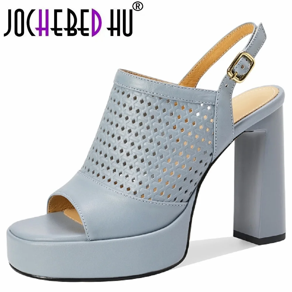 

【JOCHEBED HU】Женские босоножки ручной работы из натуральной кожи на толстом каблуке, летние полые непромокаемые туфли на высоком каблуке на платформе с рыбьим ртом San