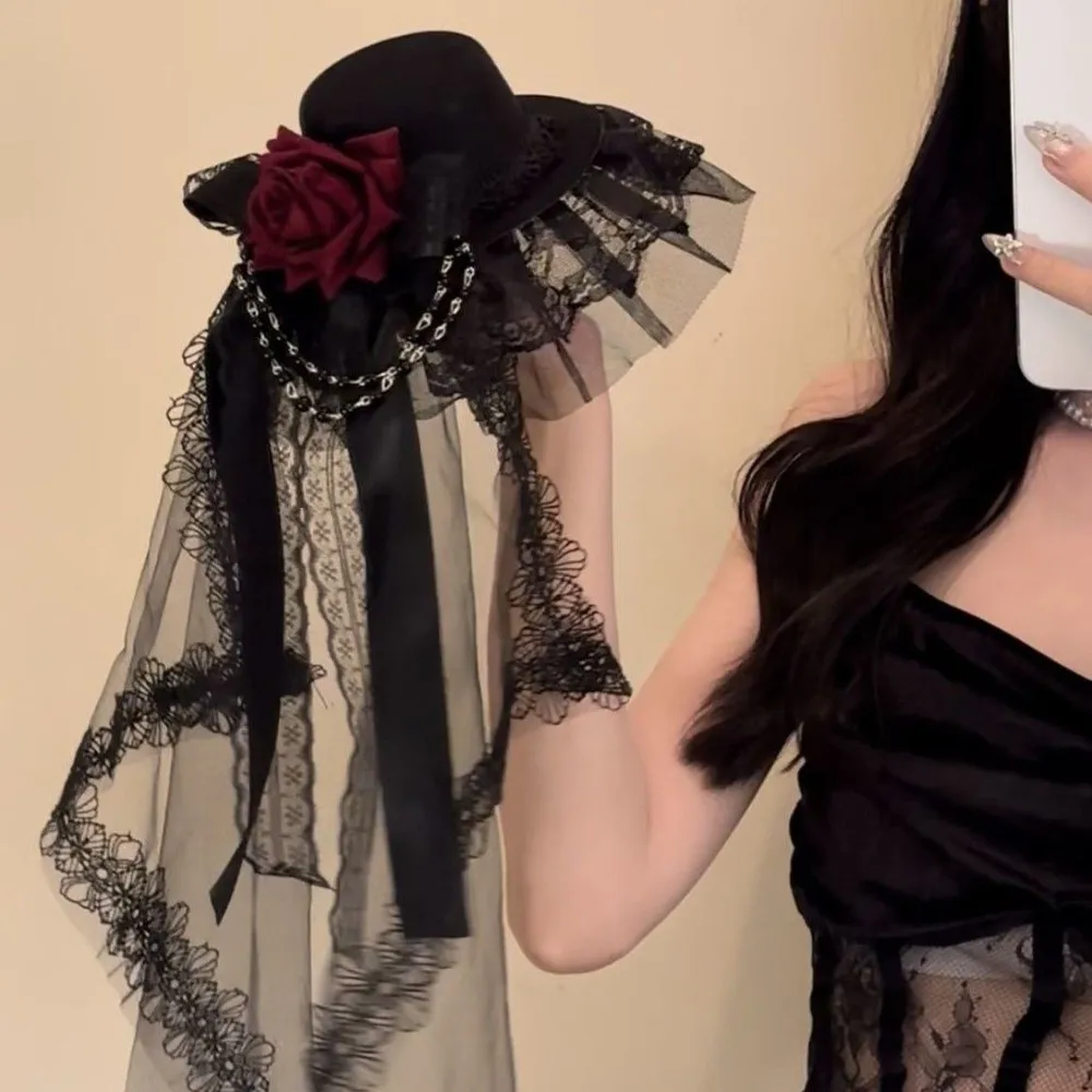 

Flowers Bow Decor Gothic Veil Rose Top Hat Cosplay Costume Black or White Mini Top Hat Gift Gothic Dark Elegant Top Hat Men