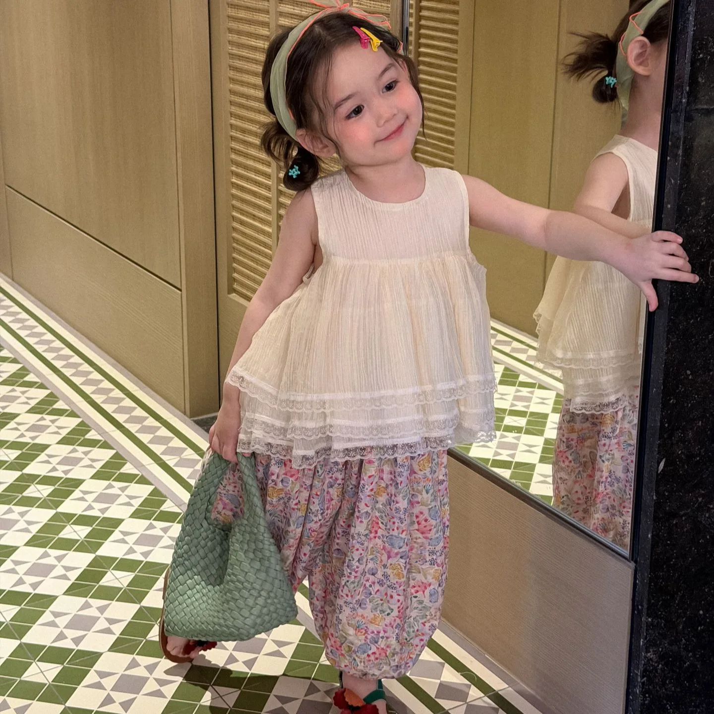 

2026 summer new Korean version children's clothing lace hem sleeveless top floral pants