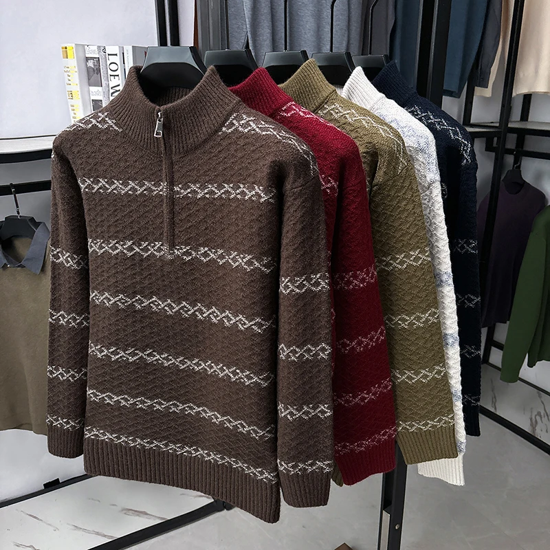 جودة فاخرة رجل طويل الأكمام تريكو رشاقته وهمية الرقبة سستة كابل غرزة غير تشوه بلوفر شتوي الترفيه الرجال القمم #6