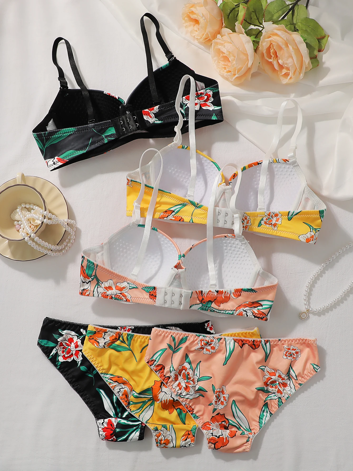 Hot Selling High-quality Multi-color Lingerie 2-piece set For Women\'s Underwear Beautiful Flower Print Push Up Bra Set A2138