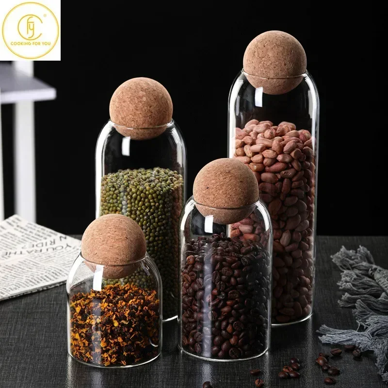 500/800/1200/1600mL Glass Food Storage Jar with Globular Cork Stopper Coffee Beans Tea Grains Canister Home Kitchen Storage Tank