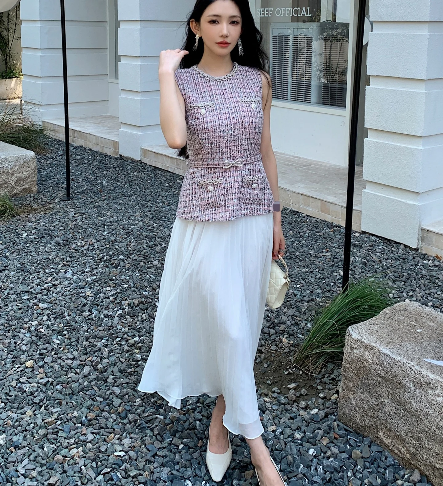 

2026 High Quality Lady Rhinestone Tweed Chiffon Patchwork Dress O-neck Sleeveless Pleated Long With Belt Dress Women