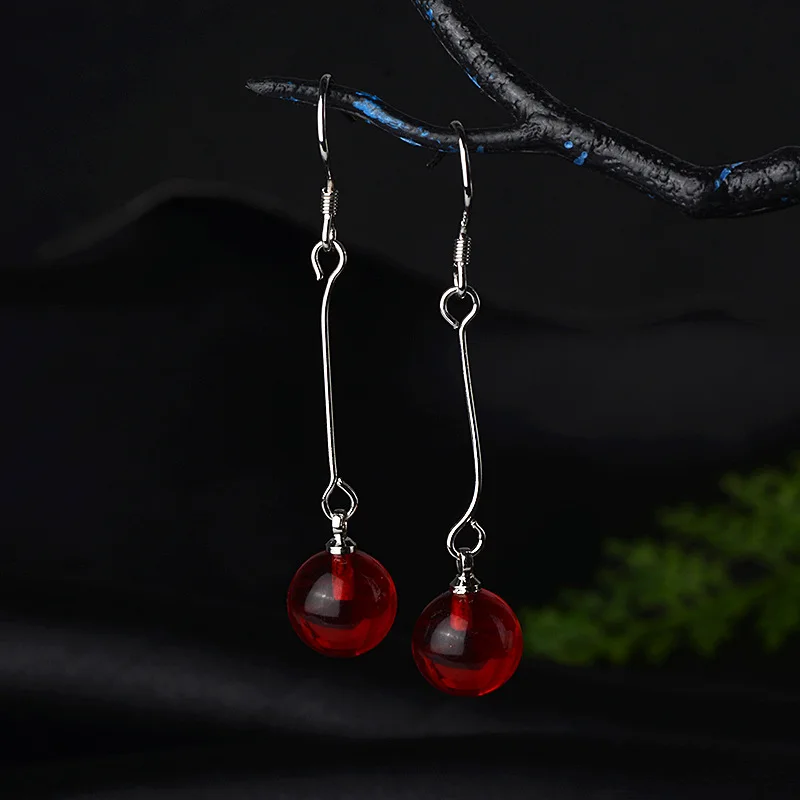 925 Sterling Silver Original Long Drop Earrings with Red Agate Minimalist Retro Elegant Fashion Ear Jewelry for Women