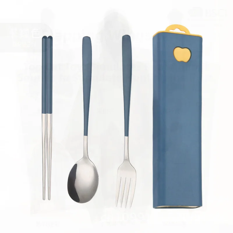 

304 Stainless Steel Korean Style Portable Tableware Set - Spoon Chopsticks Fork Three-Piece Outdoor Travel Student Dining Kit