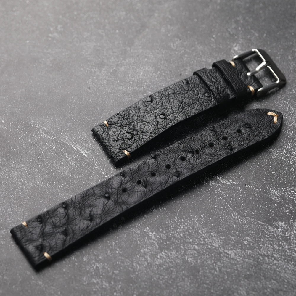 Handmade Ultra-Thin Ostrich Leather Watchband 18 19 20 21 22MM Black Men\'s Soft Strap  Vintage Style Leather Bracelet