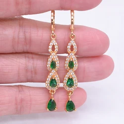 Fashion Gold Color Women Green Cubic Zirconia CZ Long Water Drop Dangle Earrings Jewelry