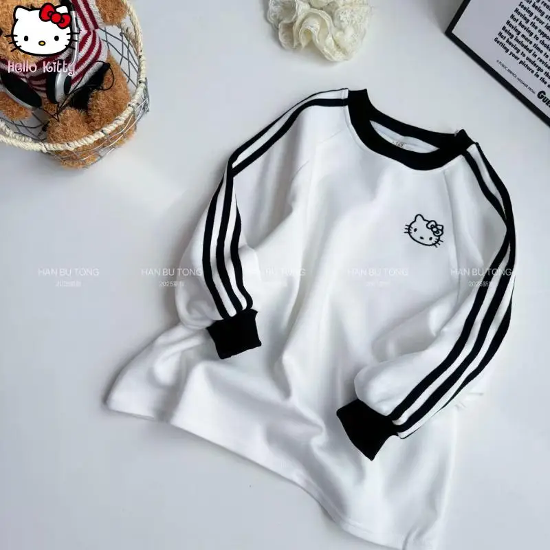 

Kawaii свитшот с героями мультфильмов для девочек «Hello Kitty», весна-осень, новая футболка с аниме Sanrio, с длинными рукавами, приятная для кожи, мягкая, дышащая
