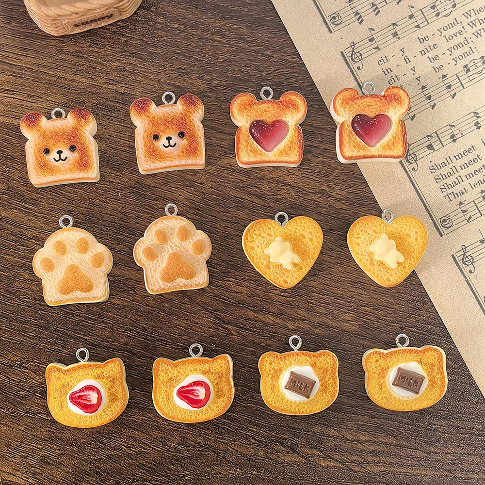 10pcs Heart Bear Cat Animal Shape Toast Bread Resin Charms Cute Claws Food Pendant Diy Earring Necklace Keychain Jewelry Make