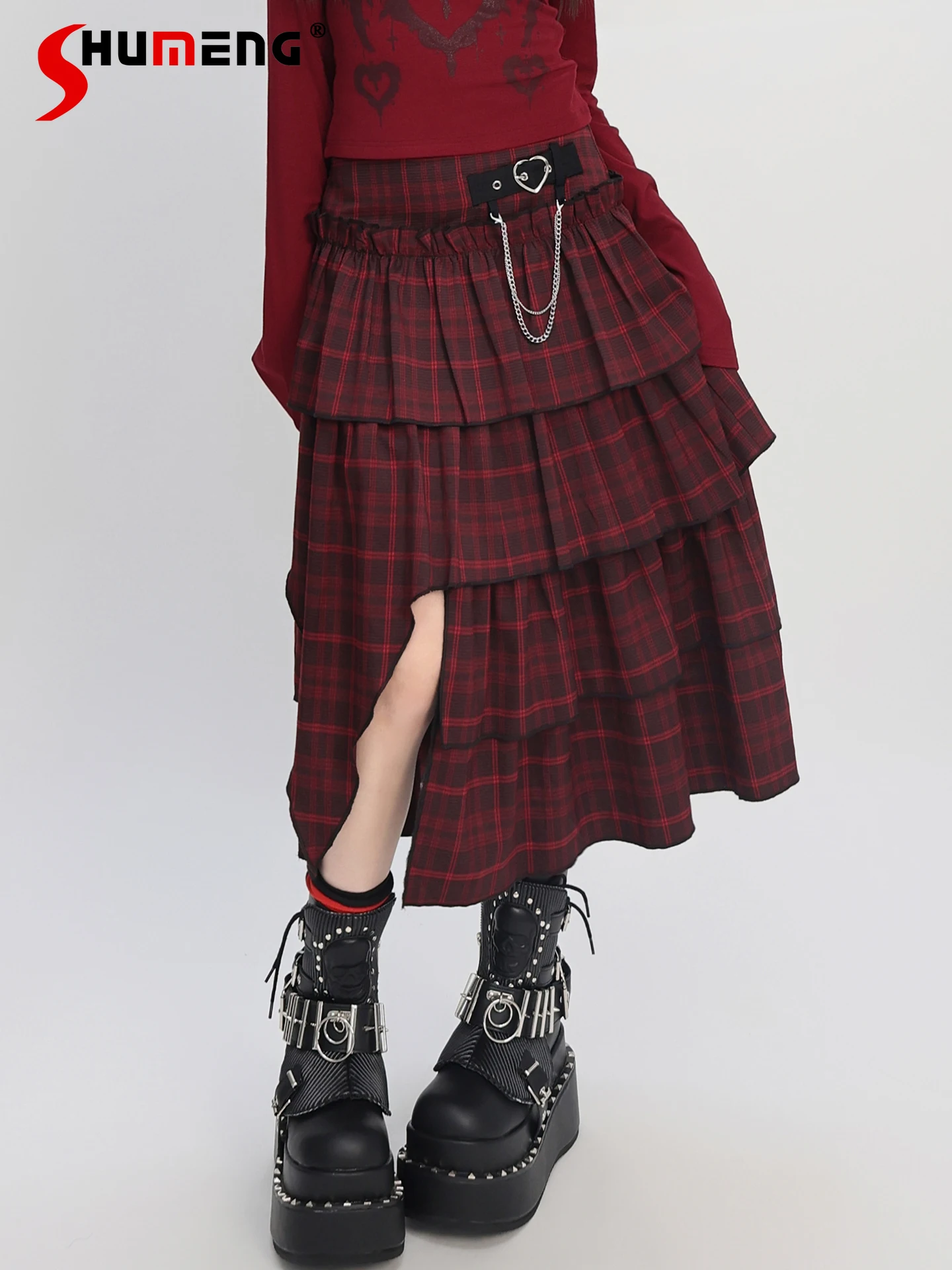

Original Japanese Sweet Cool Subculture Girl Y2K Skirts High Waist A-line Layered Irregular Slit Plaid Long Skirt Women Autumn