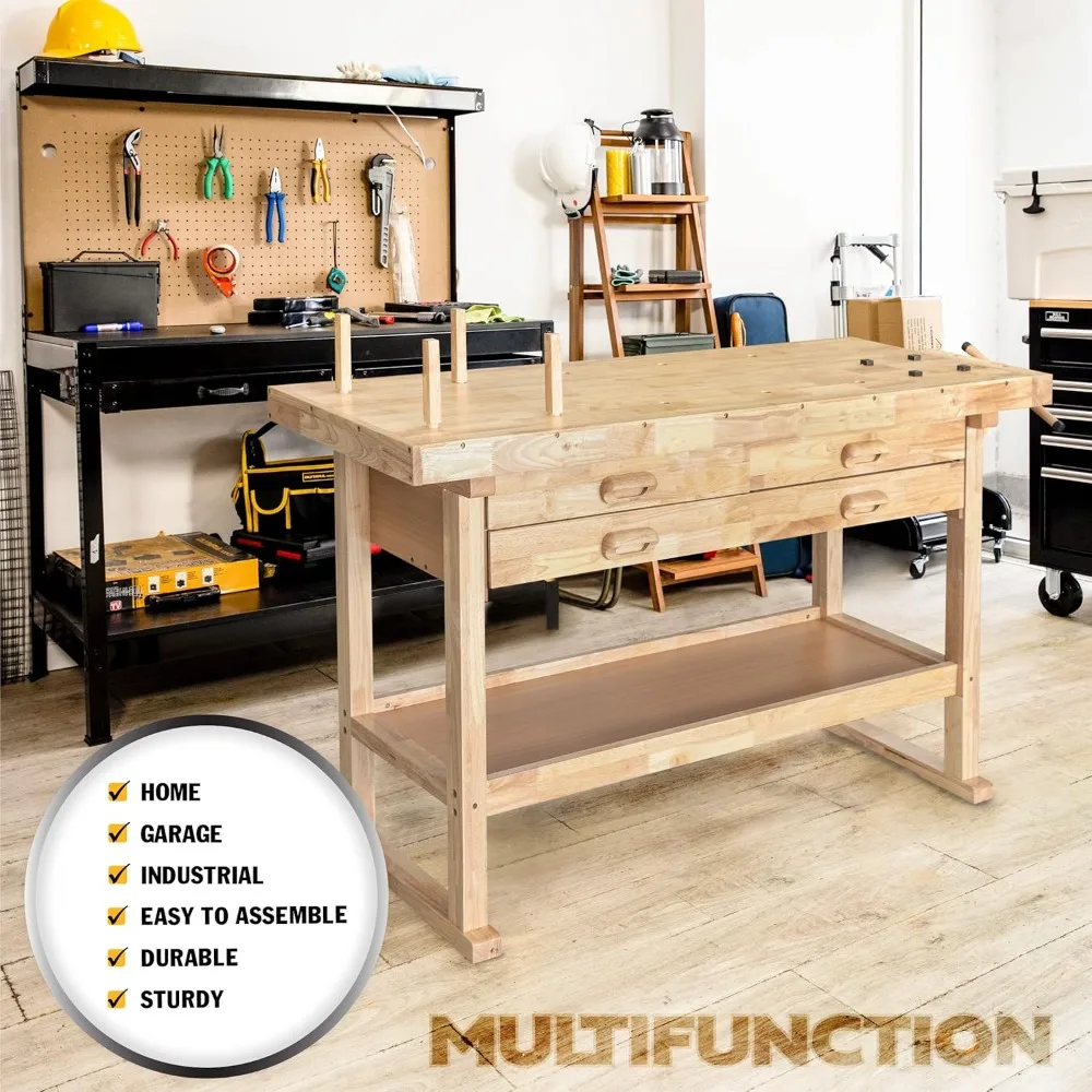 

60-Inch Wooden Workbench - Rubberwood Workbench with 4-Drawer, 450lbs Weight Capacity - Perfect Workbench for Garage