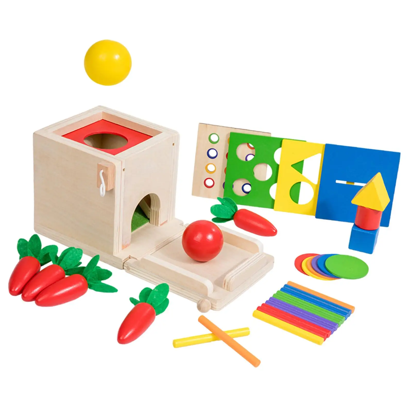 Wooden Montessori Toys Object Permanence Box Shape Sorter Educational Carrot Harvest Balls Drop Box for Baby Infants Preschool