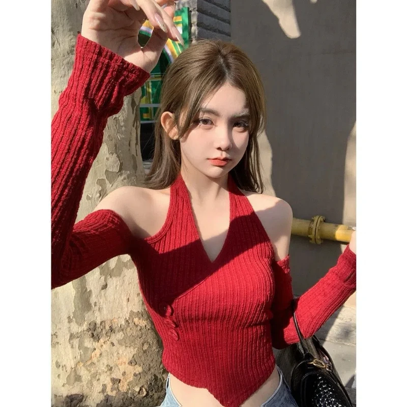 Knitted Women's Chic Style Hanging Neck with Short Top Pure Desire for Style and Sexy V-neck Off the Shoulder