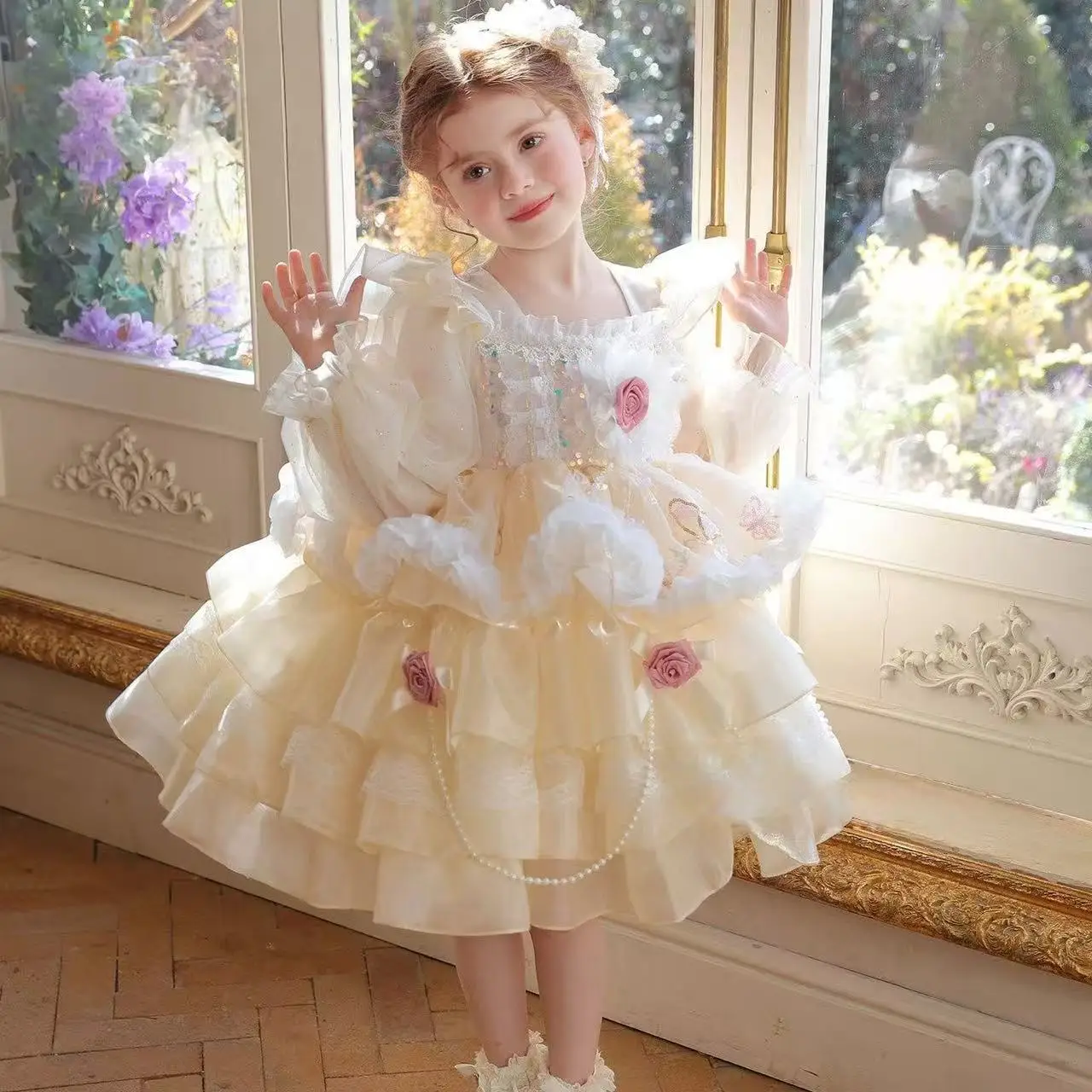 Girl Lolita Princess Dress Spring and Autumn New Long Sleeve Mesh Cake Skirt Children's Rose Decorative Puff Dress
