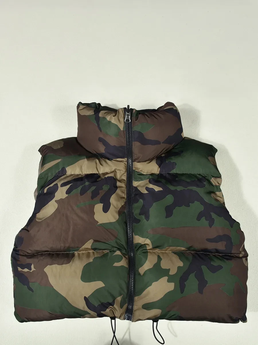 Jaquetas de camuflagem estampadas para mulheres, colete quente sem mangas, casacos bonitos com bolhas, parkas, gola, zíper outwear acolchoado