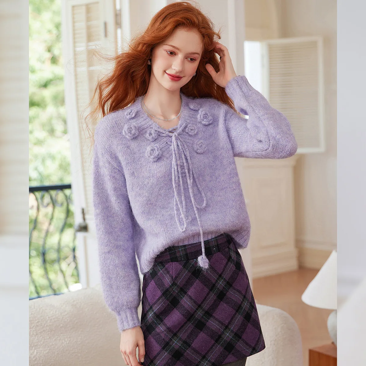 LOUIS YAO 3D-Blumenpullover im weichen Stil mit Wollmischung, 2025, Herbst/Winter, gemischte Strick-Oberbekleidung, freundliche Damen-Strickwaren