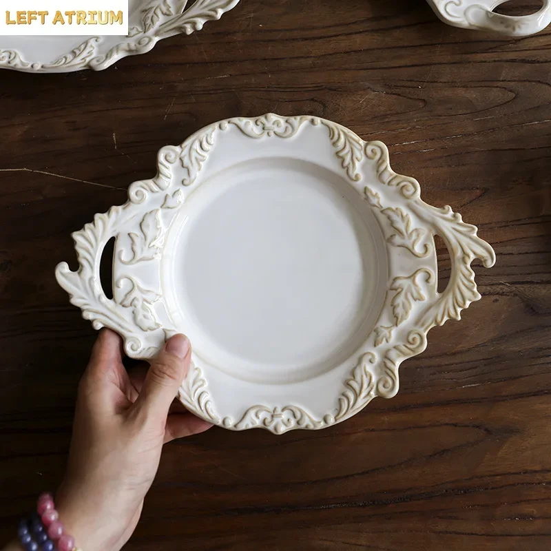 French Ceramic Double Ear Plate Retro Relief Dessert Western Cuisine Plate Kiln Turned High End Tableware