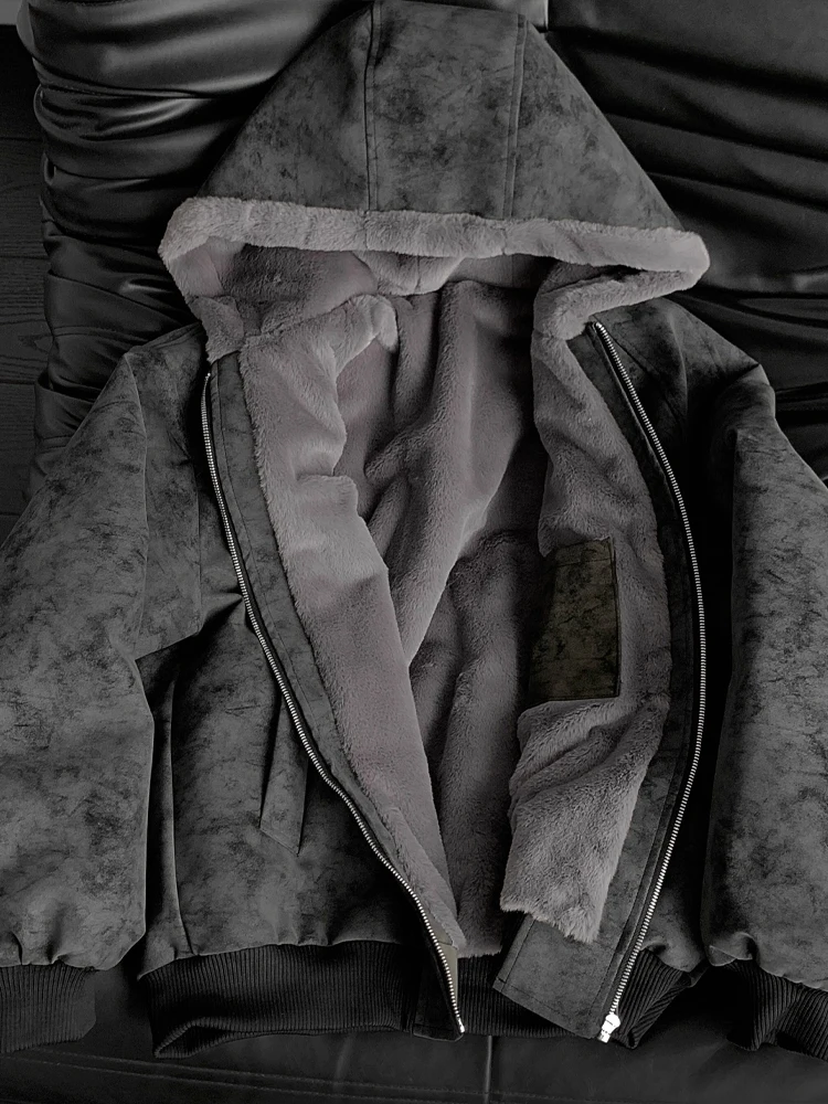 

Retro American Thiened Hooded Cotton Jaet Men's Winter Faion Brand Couple Warm PU Leather Cotton Coat Youth Sle