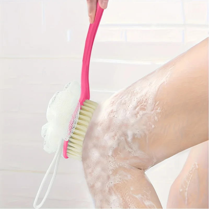 1 soft loofah brush and bristle bath body brush with curved long handle - odorless, manual exfoliating scrub suitable for full