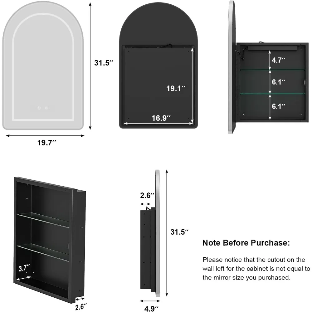 20''x31' Bathroom Mirror, Arched Medicine Cabinet with Lights with Defogger, Bathroom Mirror