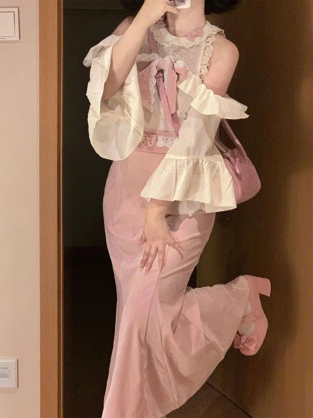 Sweet Japanese Style Princess Skirt Set Women's Autumn Winter High Waist Fish Tail Long Dress Shirt Two Piece Suite Elegant