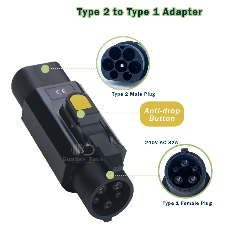 Adaptador anti-queda para veículos elétricos, macho para tipo 1, J1772 fêmea, 32A, 220V, 7KW, 7.4KW, AC tipo 2, IEC 62196-2