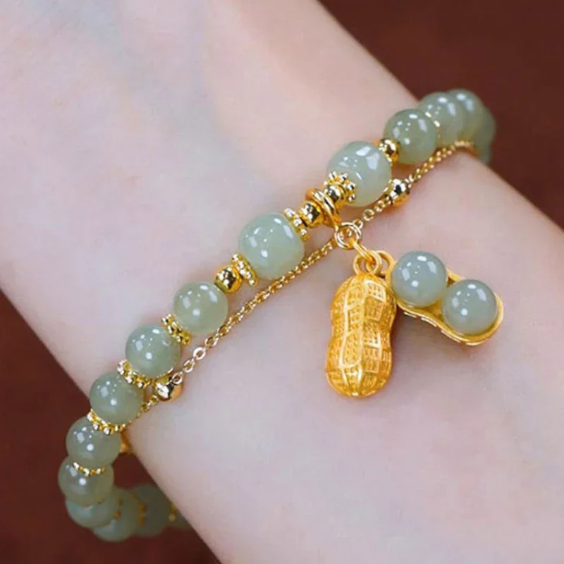 Classic and creative double layer peanut bangles Natural Hotan Jade retro bracelet for women Classical Design sense jewelry