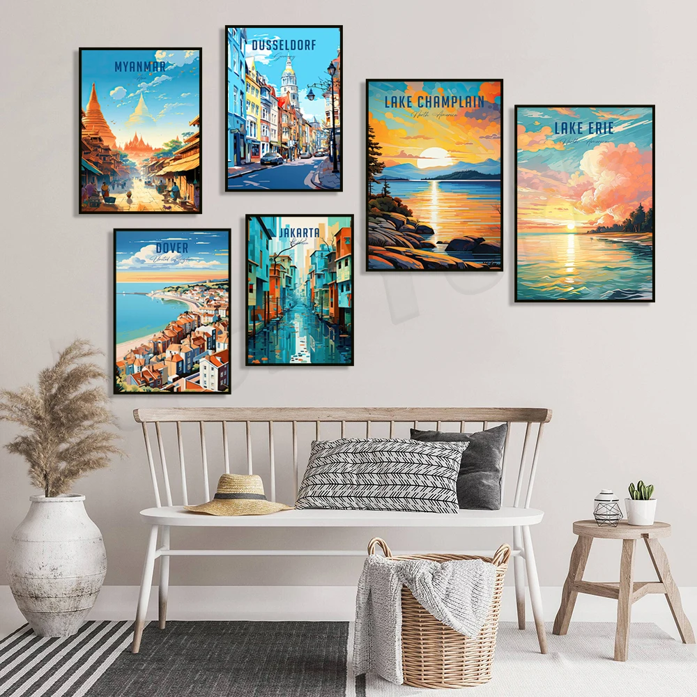 

Dover England, Myanmar, Dusseldorf Germany, Champlain New York, Lake Erie, Clearwater Florida, Jakarta Indonesia travel poster