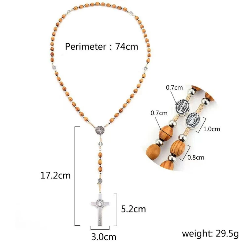 QIGO Antique Wooden Beads Weave Rosary Necklace For Women Men Metal Cross Jesus Pendant Religious Jewelry