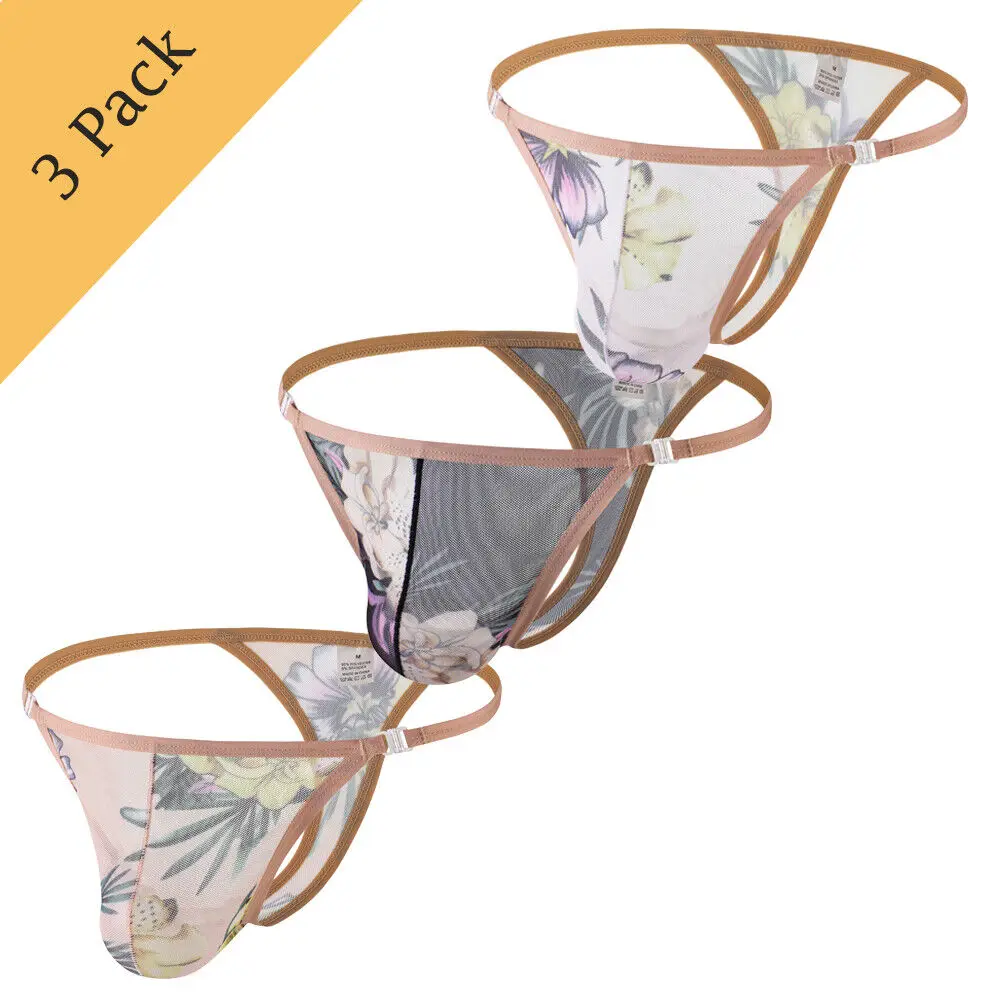 مجموعة مكونة من 3 قطع من ملابس داخلية رجالي رفيعة للغاية مطبوعة بشبكة منخفضة الخصر ومنظور مثير قابل للتعديل للرجال المثليين ثونغ قابل للتنفس #6