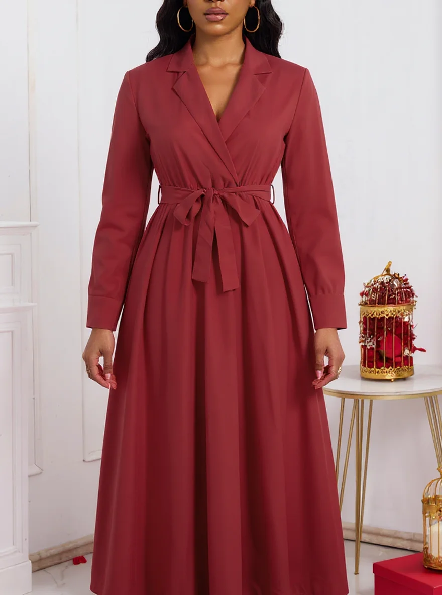 Dames lente herfst bordeaux blazer kraag lange mouw zelfbindende taille satijnen elegante maxi-jurk
