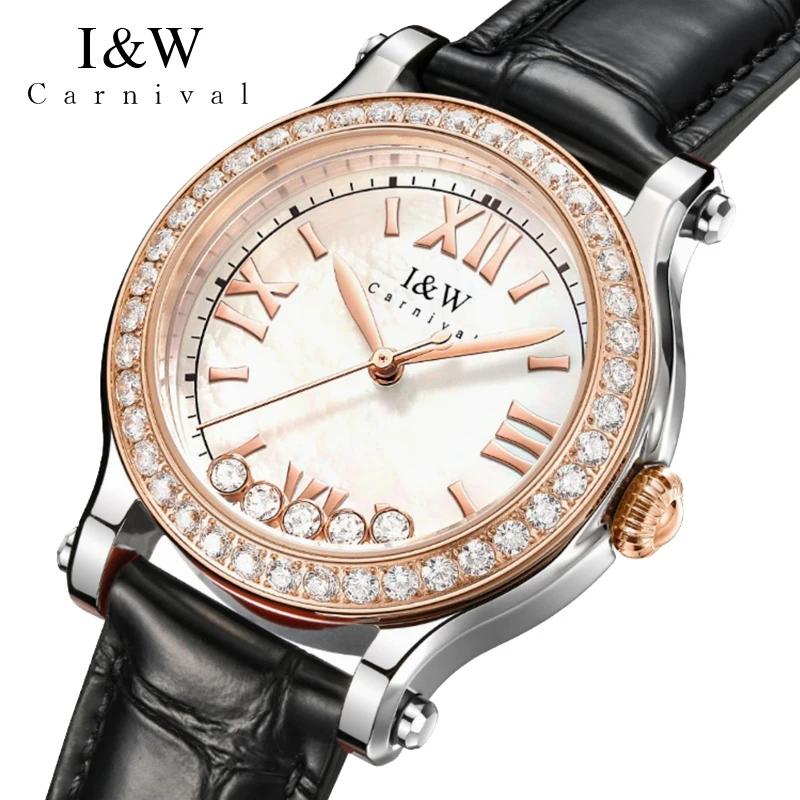 Carnival High-end Series I&W Brand New Luxury Diamond Quartz Watch for Women Leather Strap Waterproof Fashion Womens Watches