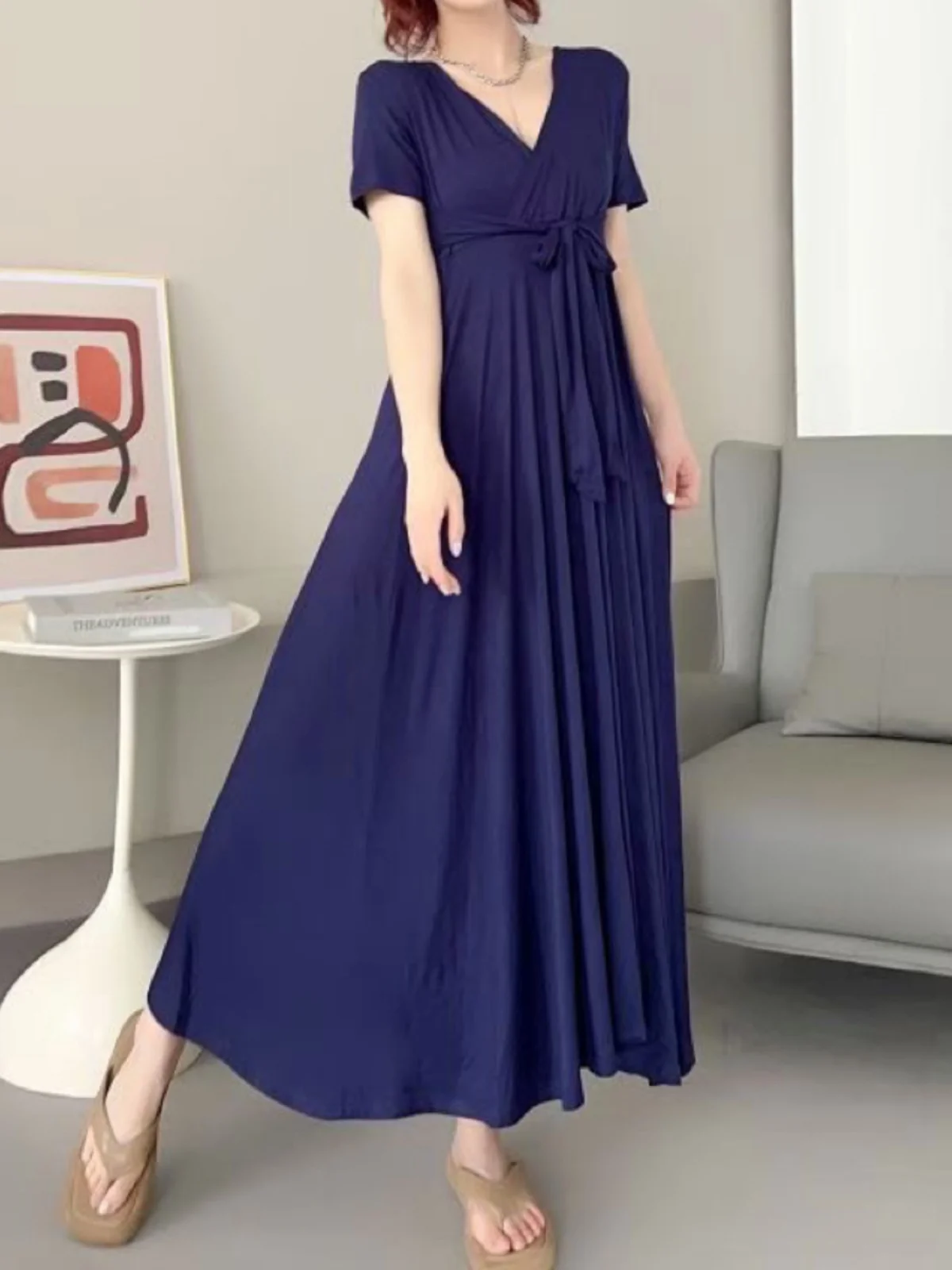 Ele coupe basse v-ne Midi Dr été coréen Sle ample a-ligne ort Sve t-shirt Dr Modal coton taille haute jupe longue