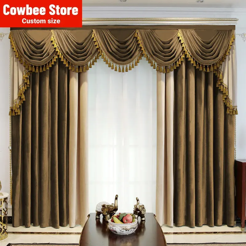 

Luxury Atmosphere European Color Blocking Thickened Silk Velvet Curtains for Living Dining Room Bedroom Mantle Head Villa