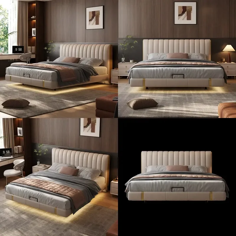 Genuine Leather Bed Modern Smart Bedroom Furniture with LED Ambient Light King Size Upholstered Floating Bed Frame