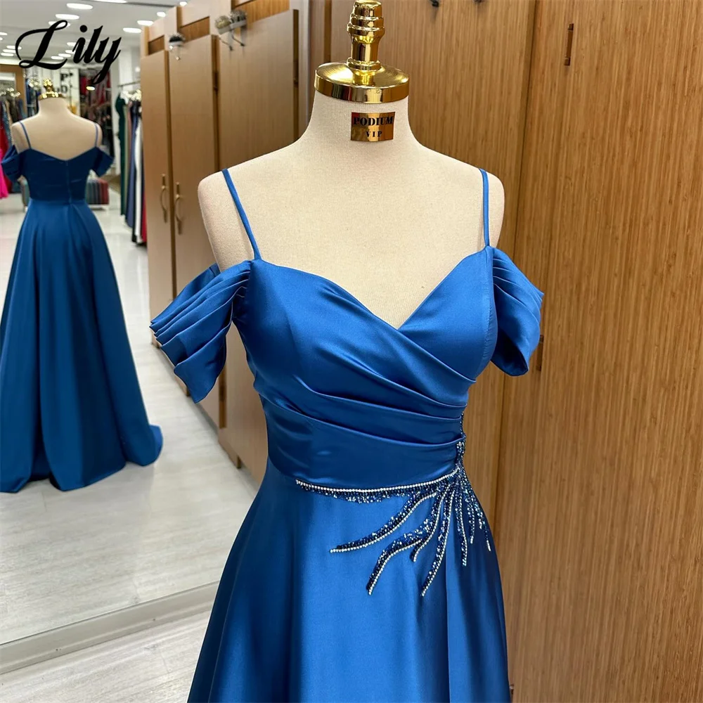 Lilie klassisches blaues Ballkleid Schatz A-Linie Satin Abendkleid mit Falten Perlen Party kleid Spaghetti träger فستان س카رة