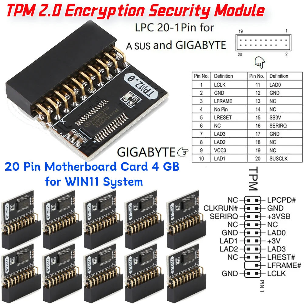 20~1PCS TPM 2.0 Encryption Security Module 20 Pin Motherboard Card Replacement Part Memory Module 20-1 Pin for Gigabyte Platform