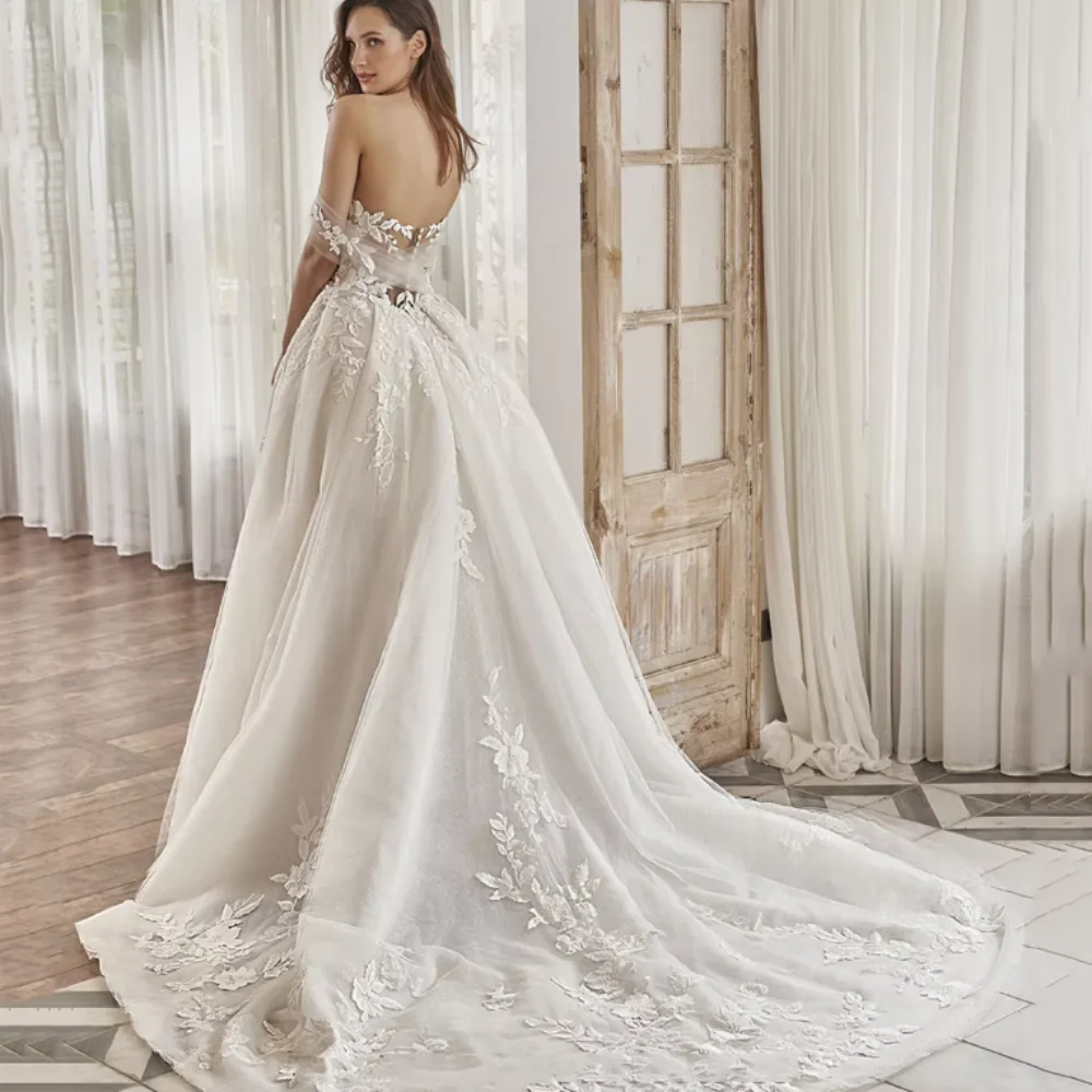 Angepasst Spitze Brautkleid Tüll Applique A-linie Braut Kleider Off Schulter Illusion Brautkleider Luxus vestidos de novia